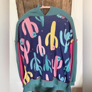 BIBI Colorful Cactus Print Hoodie Turquoise Pink Yellow Desert Festival Clothing